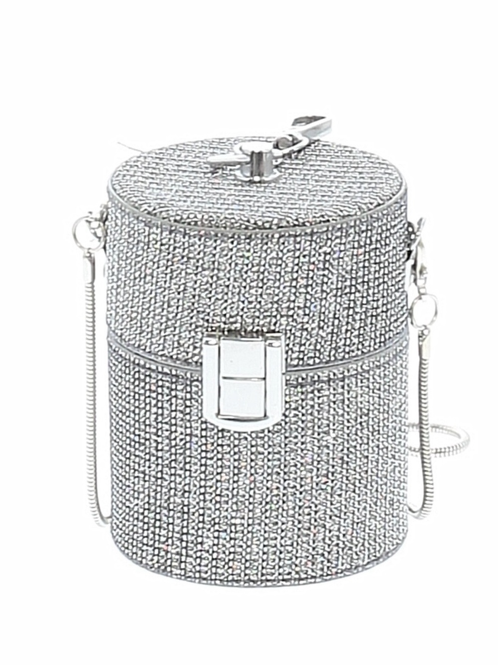 Silver Crystal Cylinder Crossbody Bag with Chain Strap